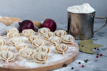 Uncooked, frozen dumplings on a wooden board. In the background is a metal mug with flour, next to pepper, greens and onions on a light background.