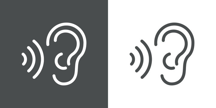 Icono plano lineal oreja con ondas de sonido en fondo gris y fondo blanco