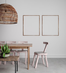 Interior frame mockup of wooden dining room, two vertical frames on white background with wooden...