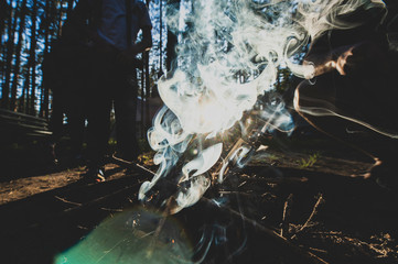 a fire is burning in the forest