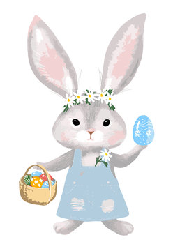 Happy easter. Cute bunny girl with a basket of decorated eggs. Rabbit in a denim dress. Cartoon vector illustration isolated on white background