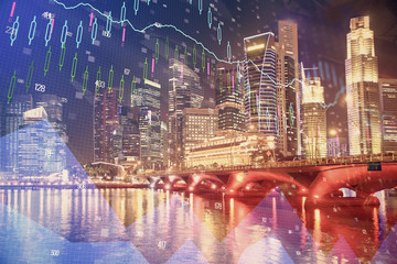 Plakat Financial chart on city scape with tall buildings background multi exposure. Analysis concept.