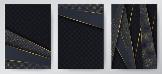 Carbon luxury abstract background with black overlap layers. Texture carbon with luxury golden glitters dots. Trmplate for cover of brochure, flyer, catalod. Set of backgrounds.