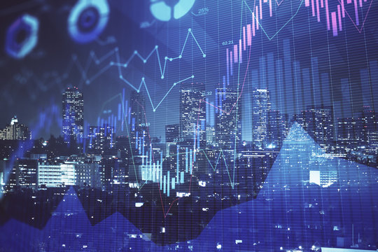Financial graph on night city scape with tall buildings background multi exposure. Analysis concept.