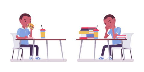 Black school boy in casual wear studying and eating at the desk. Tired cute small guy, active young kid, smart elementary pupil aged between 7, 9 year old. Vector flat style cartoon illustration