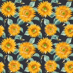 Beautiful seamless pattern with watercolor hand drawn sunflowers. Stock summer illustration.