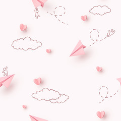 Hearts and planes seamless pattern. Paper flying airplanes on pink sky background. Vector symbols of love for Happy Mother's, Valentine's Day greeting card design..