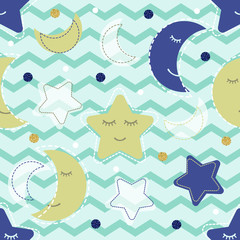 seamless colorful moon and star with confetti glitter pattern on green zig zag background