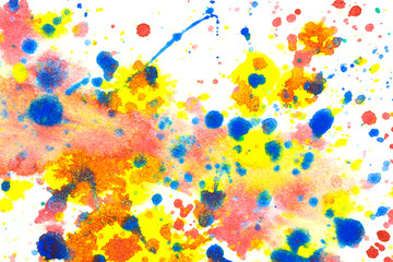 Multi color watercolor on white background.The color splashing in the paper.It is a hand drawn. For text, element for decoration.