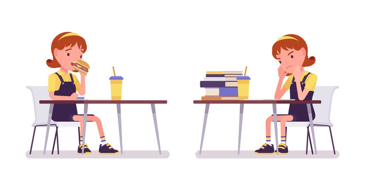 School girl studying and eating at the desk. Cute small lady in a pretty pinafore dress, active young kid, smart elementary pupil aged between 7, 9 years old. Vector flat style cartoon illustration