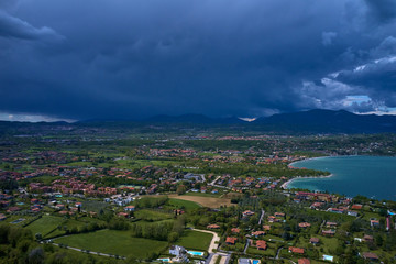 Aerial photography with drone, Rocca di Manerba in Garda lake,Italy.