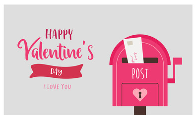 Valentine s day greeting card with post box and love letter. Cute vector illustration in flat style with lettering