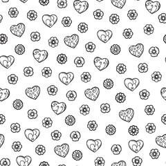 Hand drawn doodle flowers and hearts Seamless pattern. Valentines background. Happy Valentine's Day. Seamless floral pattern