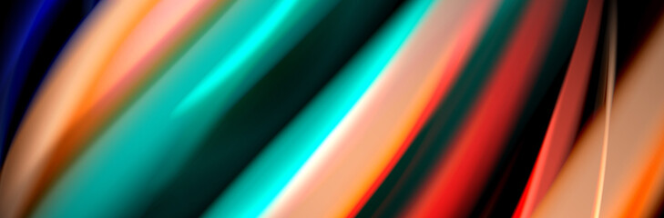 Silk and smooth flow wave poster design. Color waves, liquid style lines and shapes in black color background