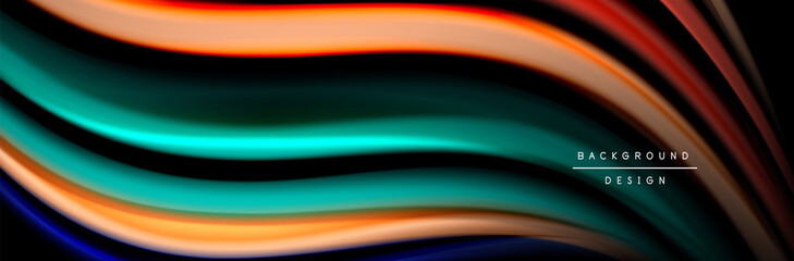 Silk and smooth flow wave poster design. Color waves, liquid style lines and shapes in black color background