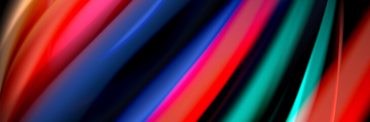 Silk and smooth flow wave poster design. Color waves, liquid style lines and shapes in black color background