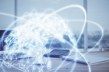 Multi exposure of business theme icons and work space with computer background. Concept of success.
