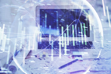 Multi exposure of business theme icons and work space with computer background. Concept of success.