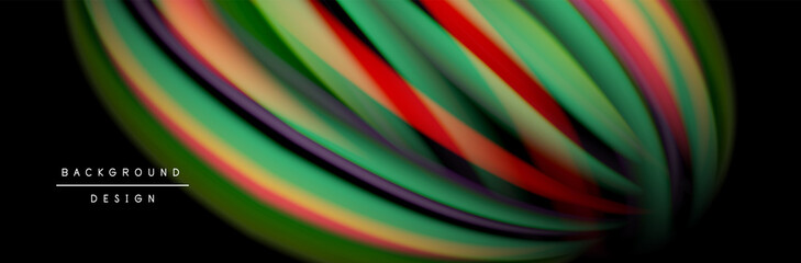 Сolorful flow poster. Wave liquid lines and shapes in black color background. Vector Illustration