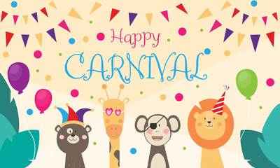 Obraz na płótnie Canvas Happy Carnival - Banner mit wilden Tieren, die feiern und verkleidet sind, Dschungel 