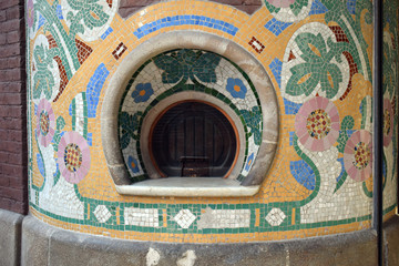 Detail of Colourful Mosaic Tile Ticket Window  in Wall of Spanish Theatre 