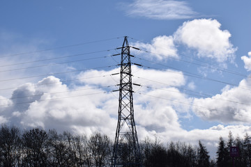 Electricity Pylon & Wires emerging from Woodland into Blue Sky with White Clouds 