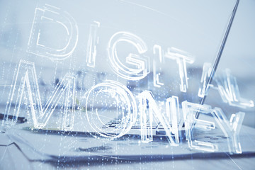 Double exposure of blockchain theme hologram and table with computer background. Concept of bitcoin crypto currency.