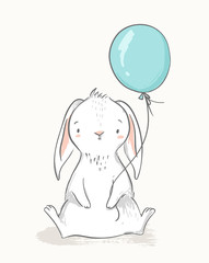 Cute rabbit holding a balloon. Childish illustration. Nursery wall art, kids party invitation, birthday greeting card, baby shower, poster.