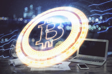 Double exposure of blockchain theme hologram and table with computer background. Concept of bitcoin...