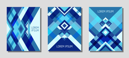 Cover page layout vector template geometric design with triangles and stripes pattern.