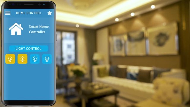 Smart Home - smart house, home automation, device with app icons. smart phone with smarthome security app to turn on the lights of  house