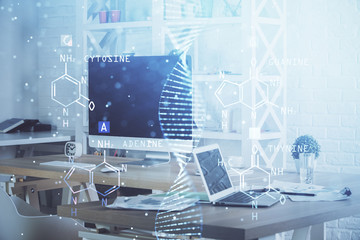 Desktop computer background and DNA drawing. Double exposure. Science concept.