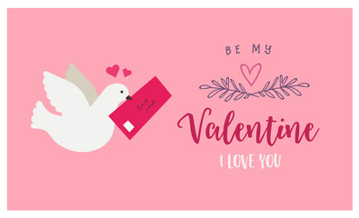 Valentine s day greeting card with dove and love letter. Cute vector illustration in flat style with lettering