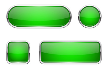 Web buttons. Green shiny icons with chrome frame
