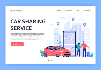 Car rent. Cars rent phone services, car sharing or taxi mobile application. Urban locations, travel points on city map landing page, vehicle dealer renting shop vector illustration