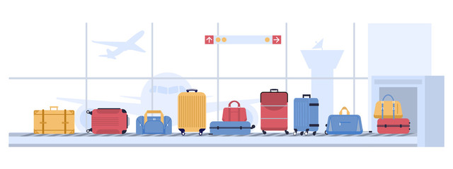 Luggage airport carousel. Baggage suitcases scanning, luggage conveyor belt with bags and suitcases. Airline flight transportation, airport x ray checkpoint inspection vector illustration