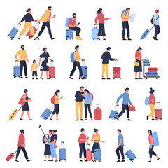 Fototapeta na wymiar Travelers at airport. Business tourists, people waiting at airports terminal with luggage, characters walking and hasting to boarding. Airplane flight passengers isolated vector illustration icons set