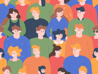 People crowd pattern. Group people portraits, young men and women on public meeting or social demonstration. Cute smiling friends characters, diverse person face seamless vector illustration