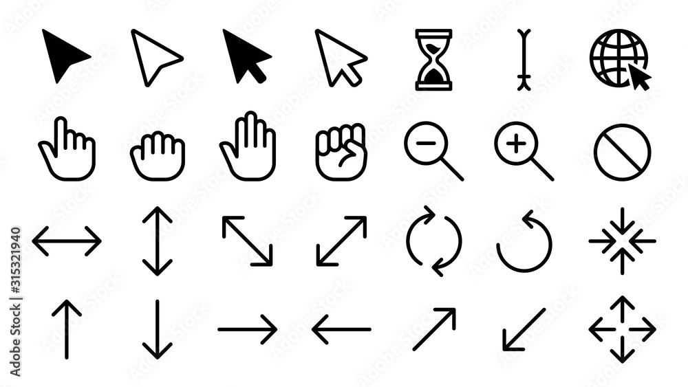 Poster cursor icons. web internet scale arrow clicking computer pointer, hand mouse cursors. static and dyn