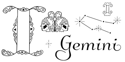 Zodiac set for the sign of Gemini. Black and white clip art from astrological symbolism. Two symbols, a constellation, a duet of female heads looking in different directions and an inscription. Vector