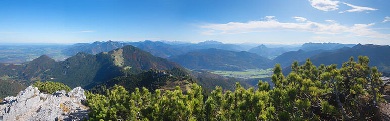 wide mountain panorama view from Kampenwand summit to chiemgau alps and inntal valley, bavaria