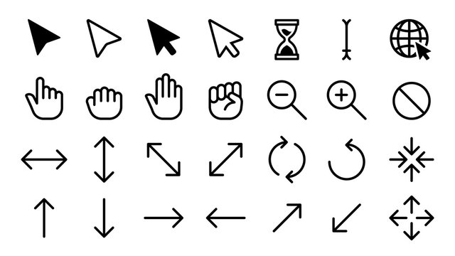 Cursor icons. Web internet scale arrow clicking computer pointer, hand mouse cursors. Static and dynamic click cursor buttons, point and selection tools isolated vector icons set