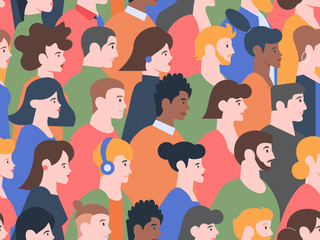 Seamless profile people pattern. Stylish men and women various hairstyles, young and elderly characters heads, modern people portraits. Social parade or protest crowd vector background