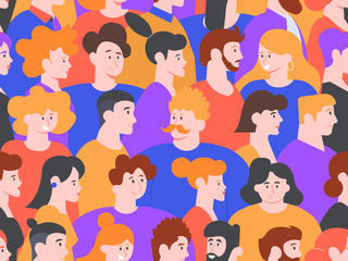 People portraits seamless pattern. Men and women creative avatars, cute smiling characters, people on social demonstration or public meeting. Marching crowd portrait vector background