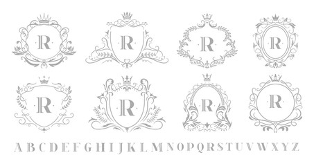 Vintage monogram emblem. Retro art ornamental luxury emblems, royal crown monograms wreath and wedding swirls frame. Alcohol, hotel or jewelry logotype isolated vector illustration symbols set - obrazy, fototapety, plakaty