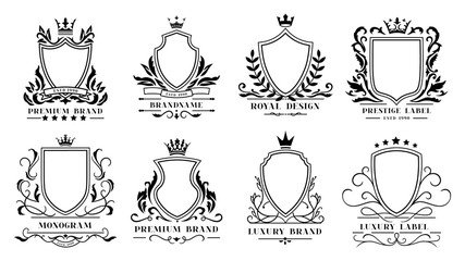 Royal shields badges. Vintage ornamental frames, decorative royal swirl heraldic borders and luxury filigree wedding emblems. Knights shield heraldic decoration isolated vector icons set