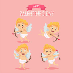 Cupid set. Cute character in different poses with text. Vector illustration in flat style