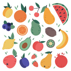 Hand drawn fruits. Doodle harvest, citrus, avocado and apple, natural vegan sweet summer fruits. Tropical organic fruit, delicious kitchen food. Isolated signs vector illustration set