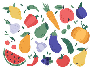 Hand draw fruits and vegetables. Doodle organic vegan tomato, eggplant vegetable, tasty fruits and berries. Natural veggies and fruits. Healthy food isolated vector illustration icons set - obrazy, fototapety, plakaty