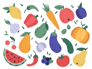 Fotobehang Hand draw fruits and vegetables. Doodle organic vegan tomato, eggplant vegetable, tasty fruits and berries. Natural veggies and fruits. Healthy food isolated vector illustration icons set © WinWin